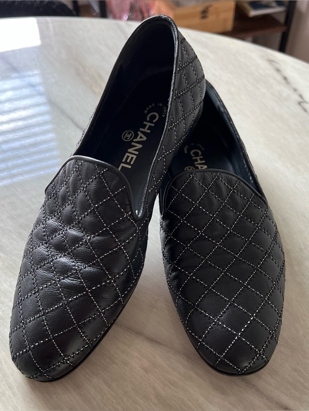 Chanel Black Zigzag & Contrast Diamond Moccasin Loafers - Picture 1 of 11
